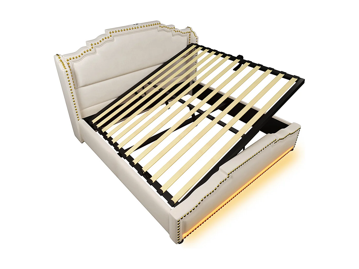 Lit rembourré 140x200, double avec rangement hydraulique, éclairage LED et port de charge USB-C, avec cadre de lit à lattes, velours, beige.