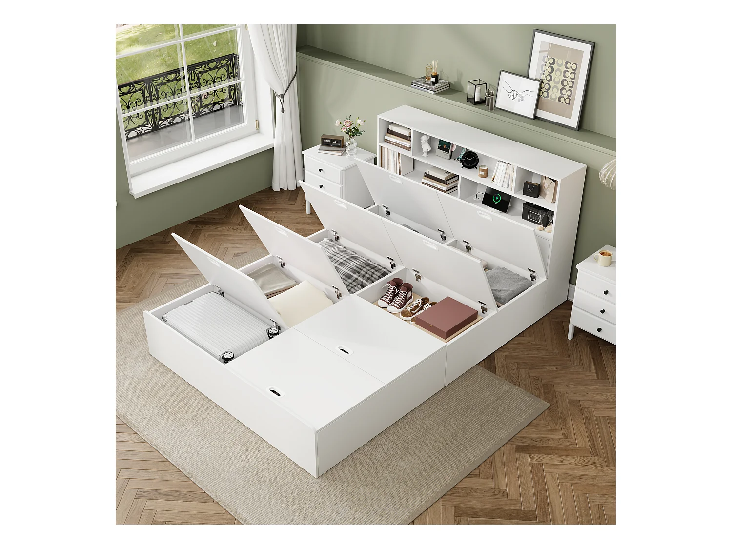 Tweepersoons opbergbed 140*200cm, massief houten bed, met USB-poort, onder bed met opbergbox, zonder matras, wit