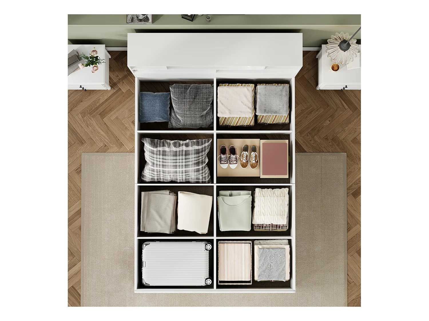 Tweepersoons opbergbed 140*200cm, massief houten bed, met USB-poort, onder bed met opbergbox, zonder matras, wit