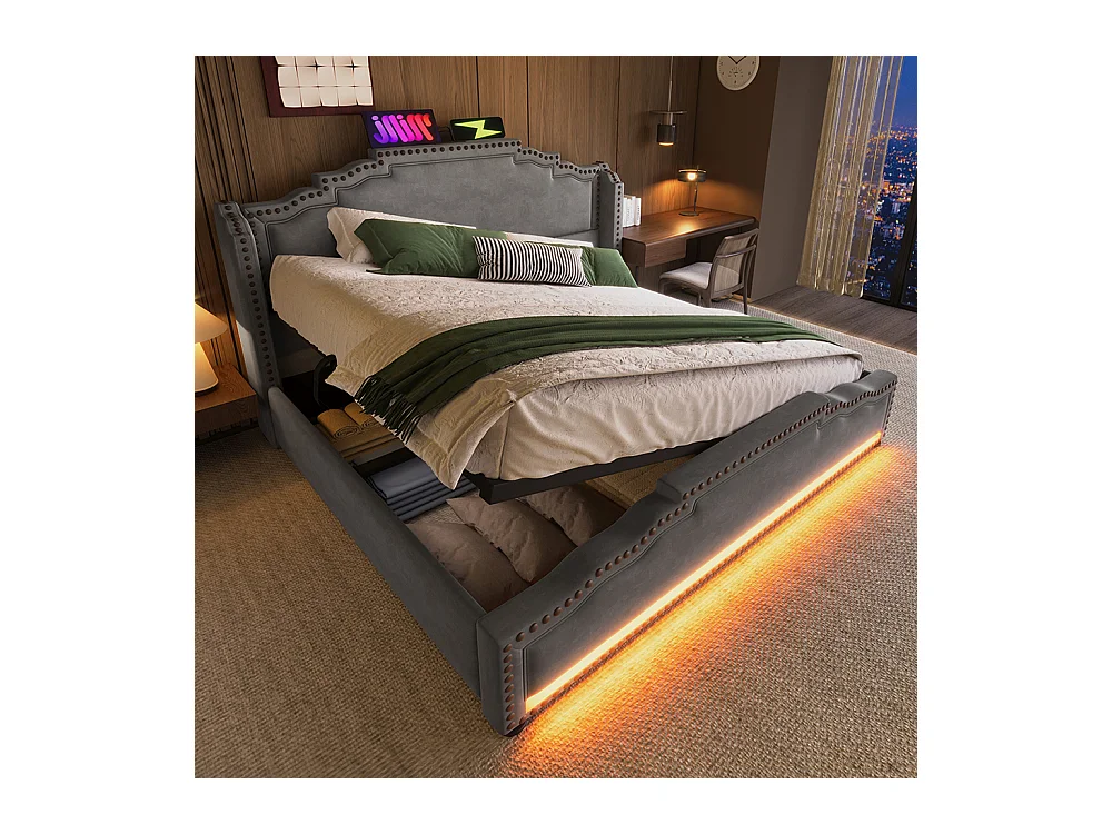 Cama tapizada 140x200, doble con iluminación LED y puerto de carga USB-C, con somier de láminas, terciopelo, gris, colchón no incluido.