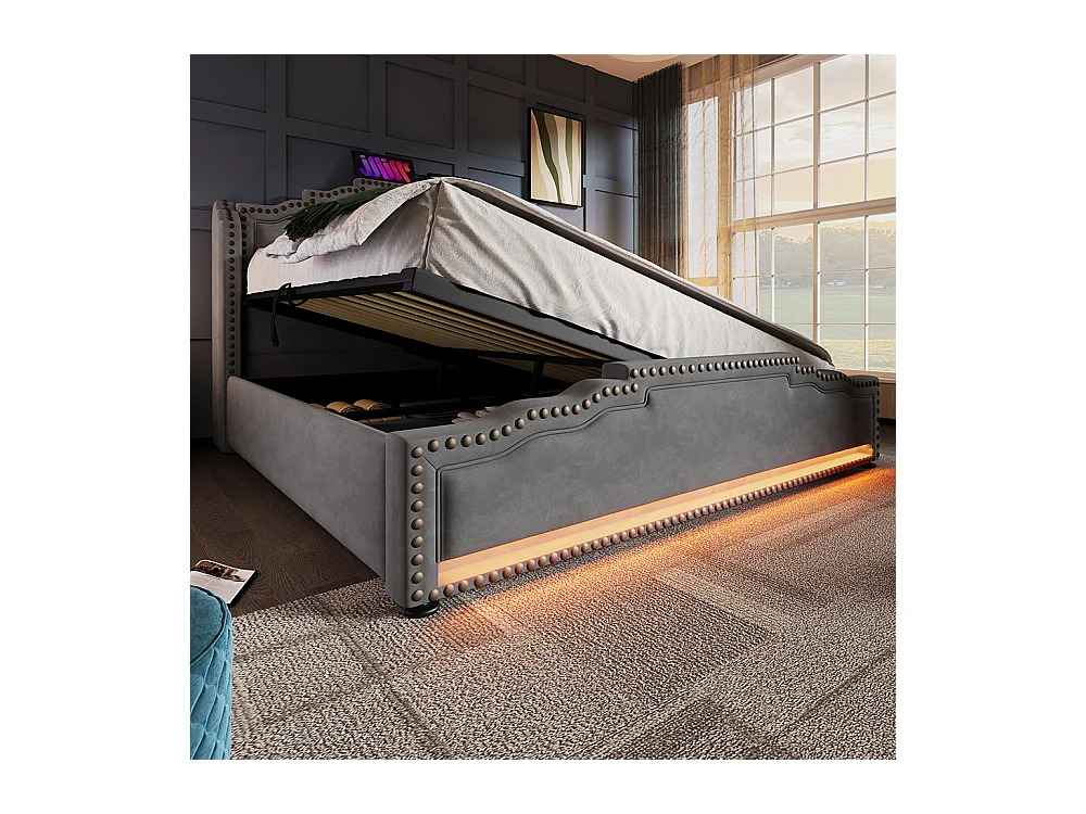 Cama tapizada 140x200, doble con iluminación LED y puerto de carga USB-C, con somier de láminas, terciopelo, gris, colchón no incluido.