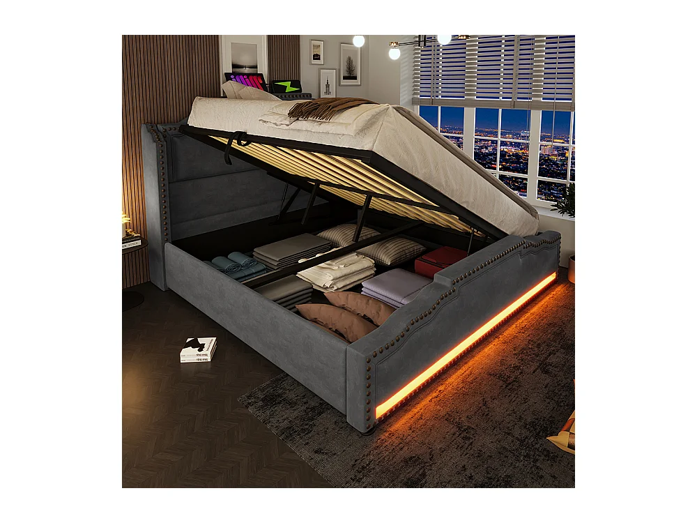 Cama tapizada 140x200, doble con iluminación LED y puerto de carga USB-C, con somier de láminas, terciopelo, gris, colchón no incluido.