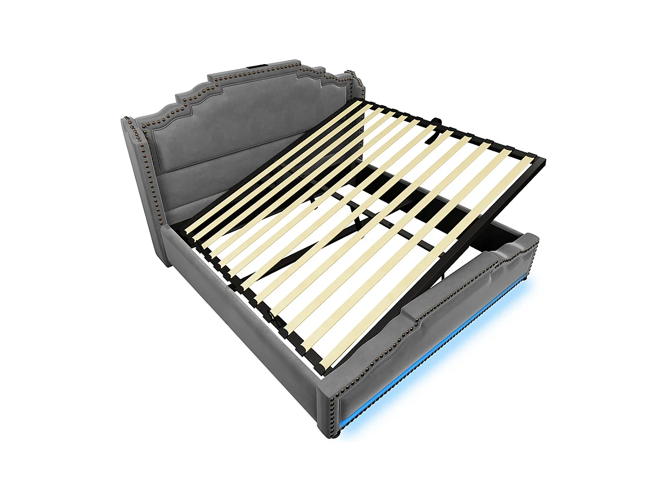 Cama tapizada 140x200, doble con iluminación LED y puerto de carga USB-C, con somier de láminas, terciopelo, gris, colchón no incluido.