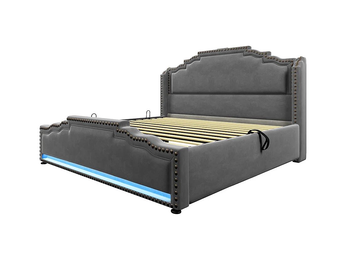 Cama tapizada 140x200, doble con iluminación LED y puerto de carga USB-C, con somier de láminas, terciopelo, gris, colchón no incluido.