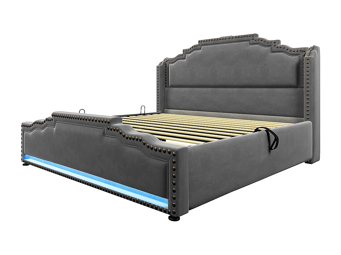 Lit rembourré 140x200, double avec éclairage LED et port de charge USB-C, avec cadre de lit à lattes, velours, gris, matelas non inclus.