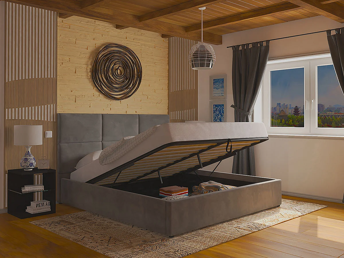 Cama de Casal Elegance, Estrado Elevatório (Cinza)(200×160 cm)