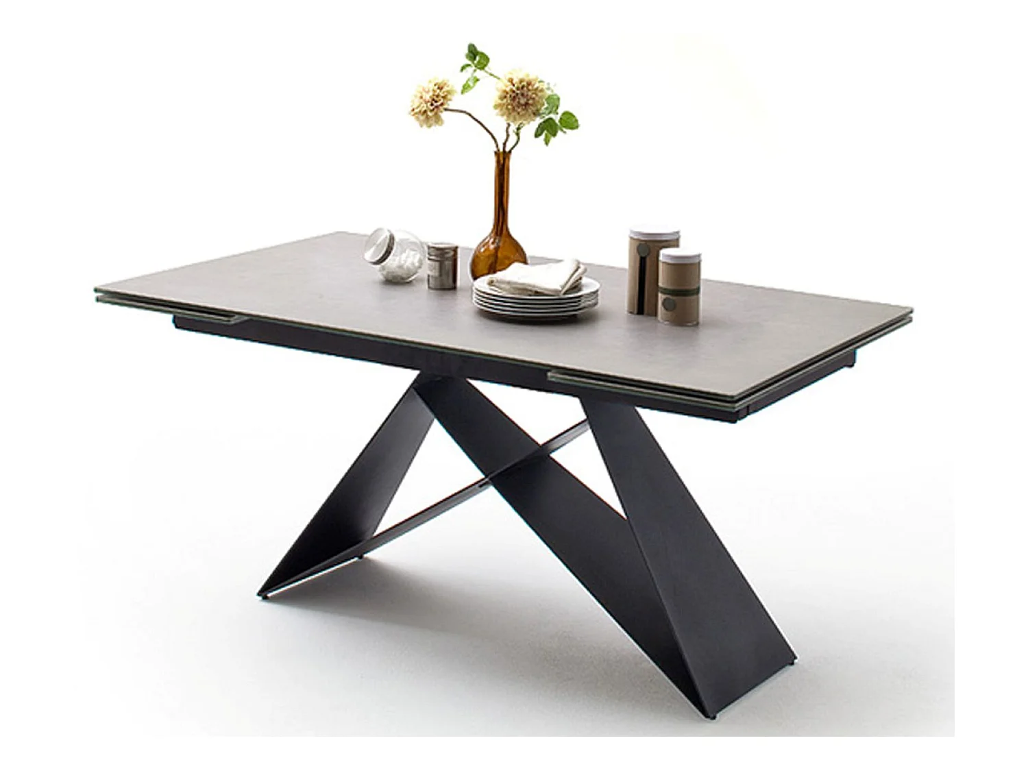 Table à manger extensible en métal noir mat et surface céramique gris clair - L.160-240 x H.75 x P.90 cm