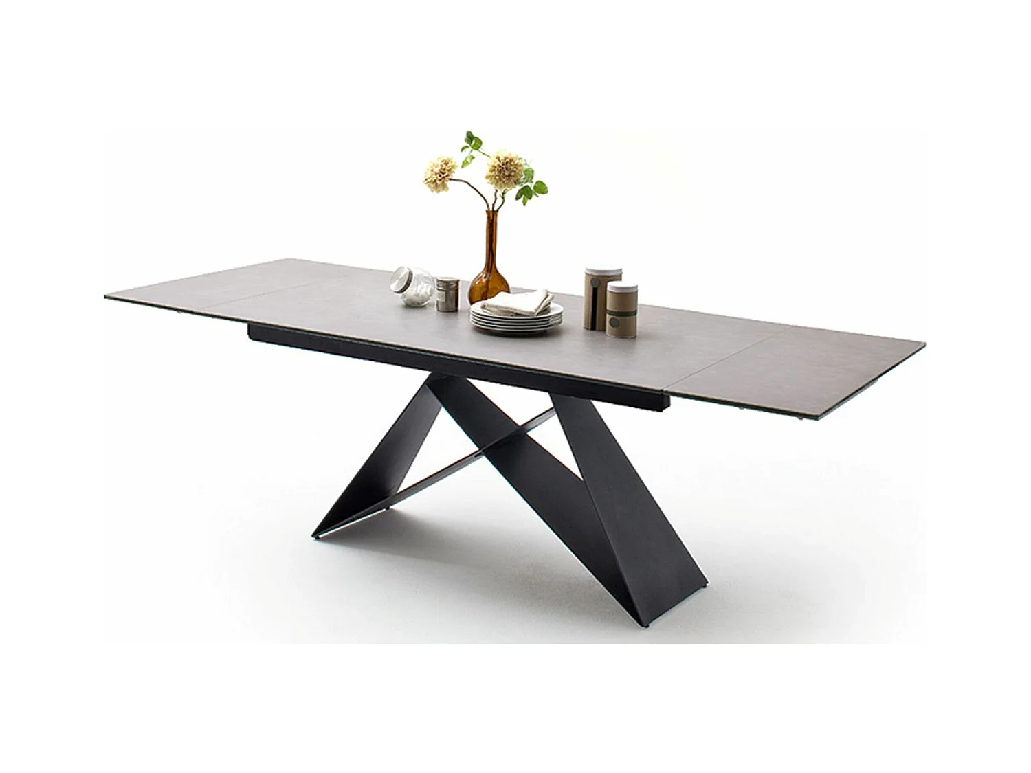 Table à manger extensible en métal noir mat et surface céramique gris clair - L.160-240 x H.75 x P.90 cm