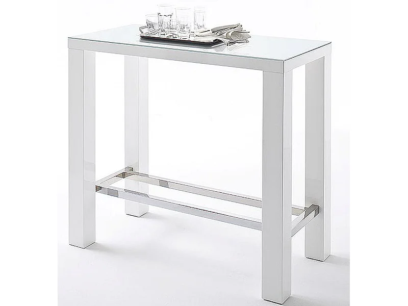 Table de bar rectangulaire en métal et verre blanc brillant - L.120 x H.107 x P.60 cm