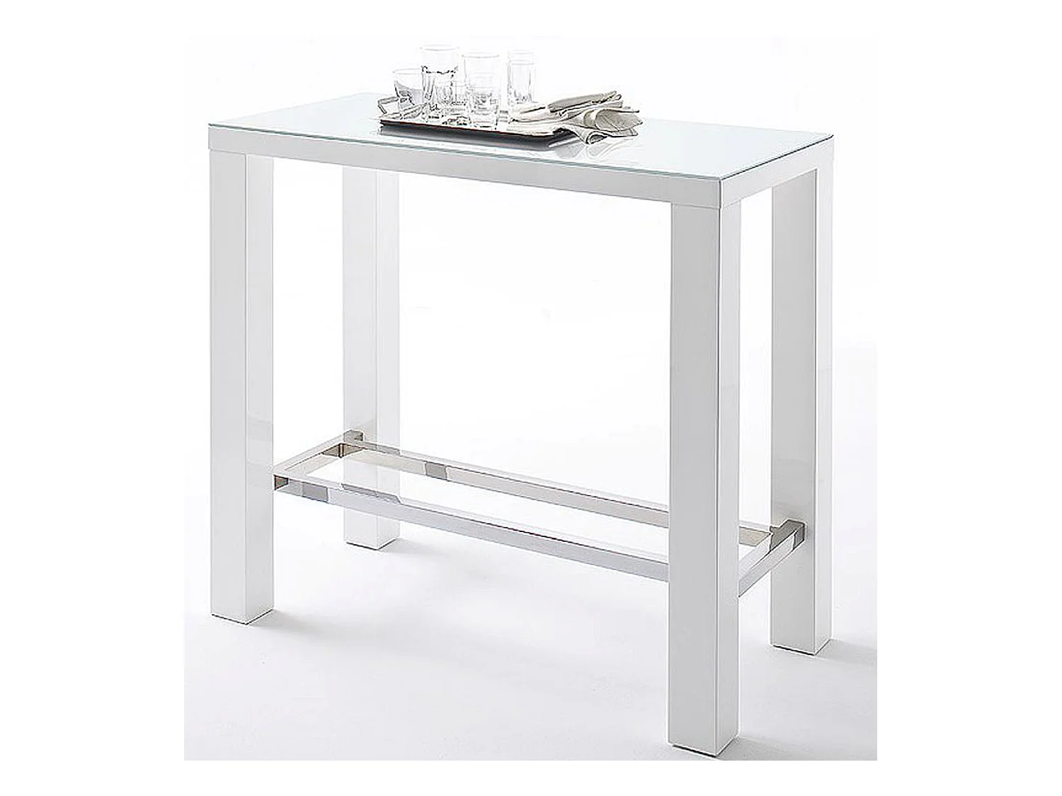 Table de bar rectangulaire en métal et verre blanc brillant - L.120 x H.107 x P.60 cm