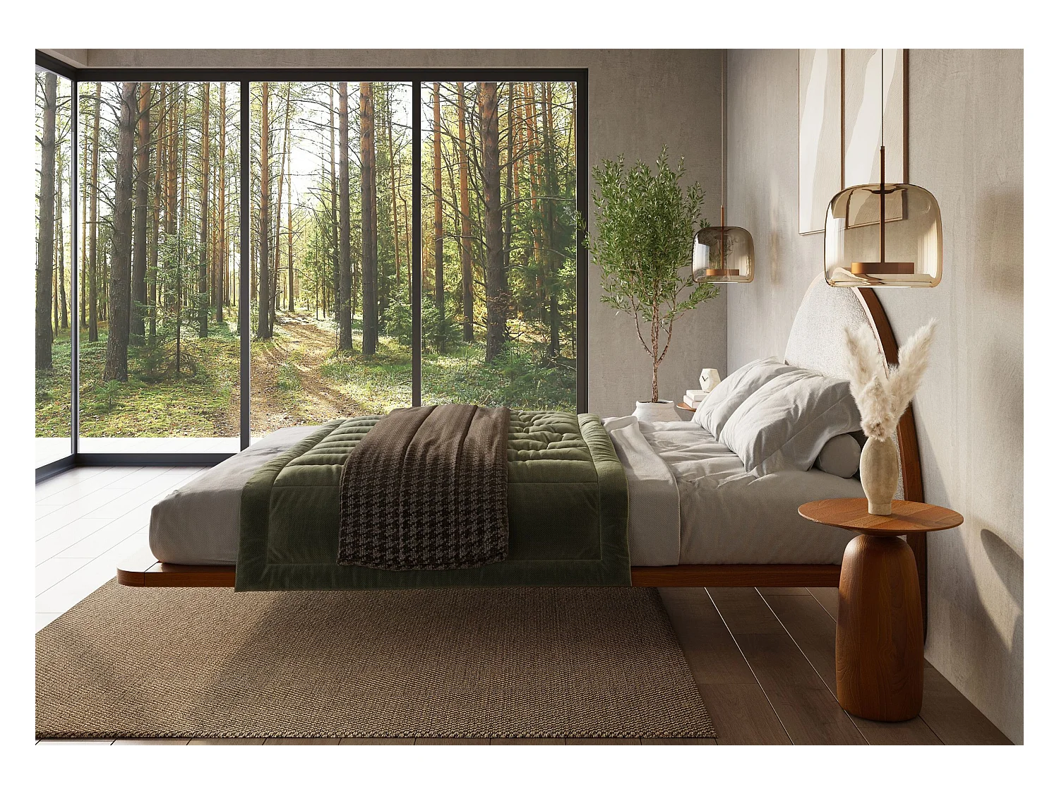 Lit flottant en hêtre massif MOMOKO / 180x200 cm, couleur noyer