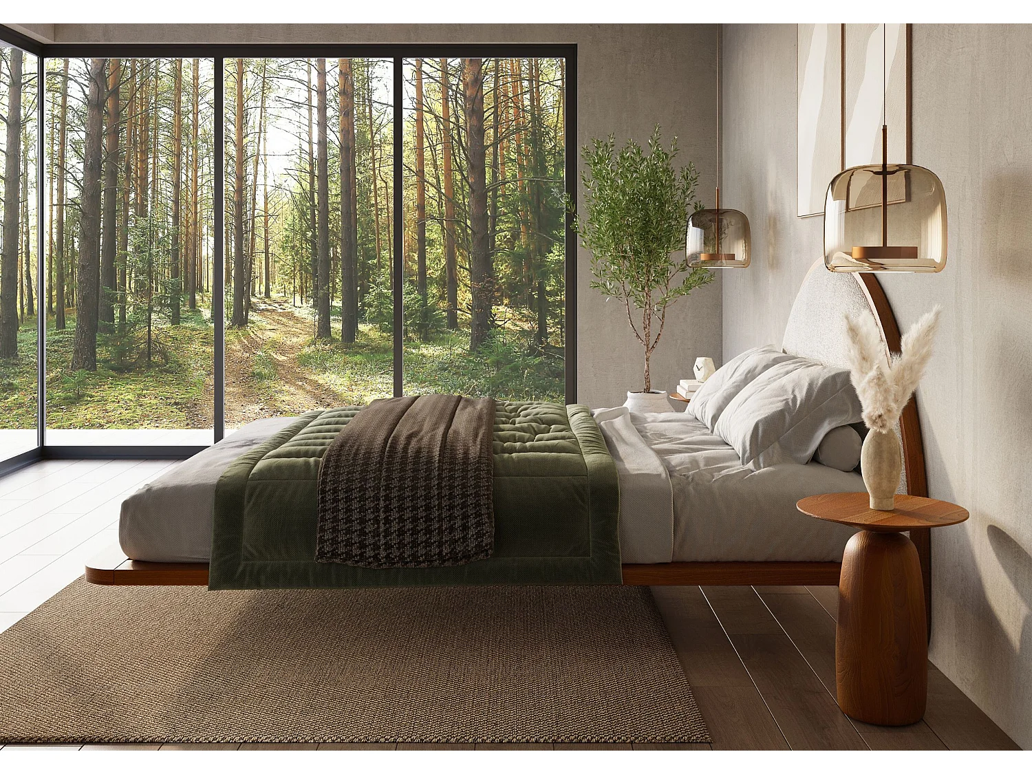 Lit flottant en hêtre massif MOMOKO / 180x200 cm, couleur noyer