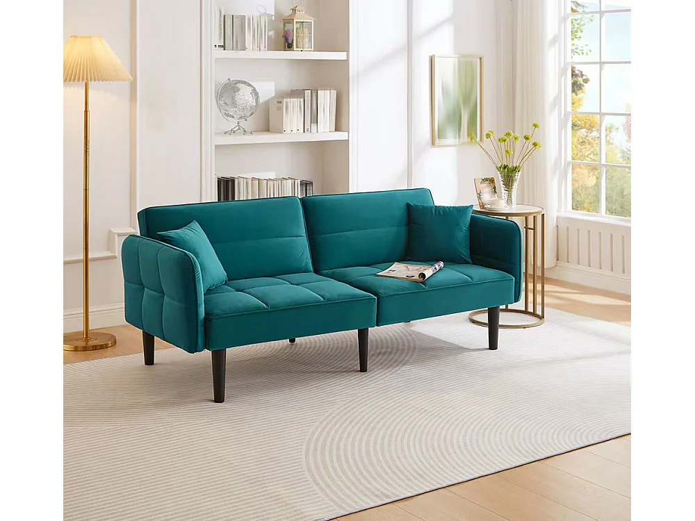 Canapé convertible 2 en 1 réglable 2 places velours bleu et vert accoudoirs rabattables et couchage intégré