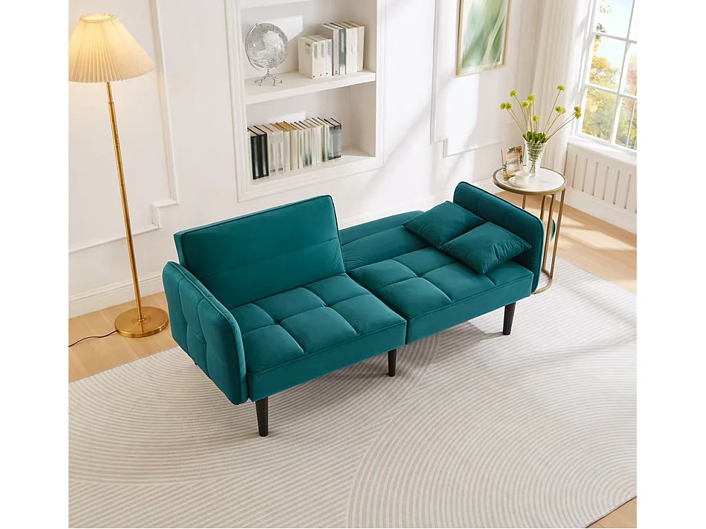 Canapé convertible 2 en 1 réglable 2 places velours bleu et vert accoudoirs rabattables et couchage intégré