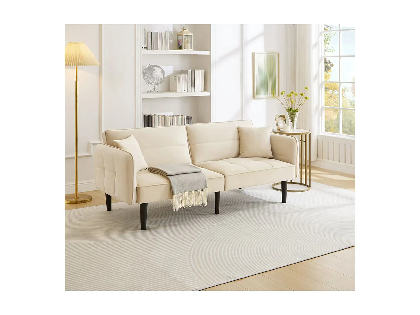 Canapé convertible 2 en 1 réglable 2 places velours beige accoudoirs rabattables et couchage intégré