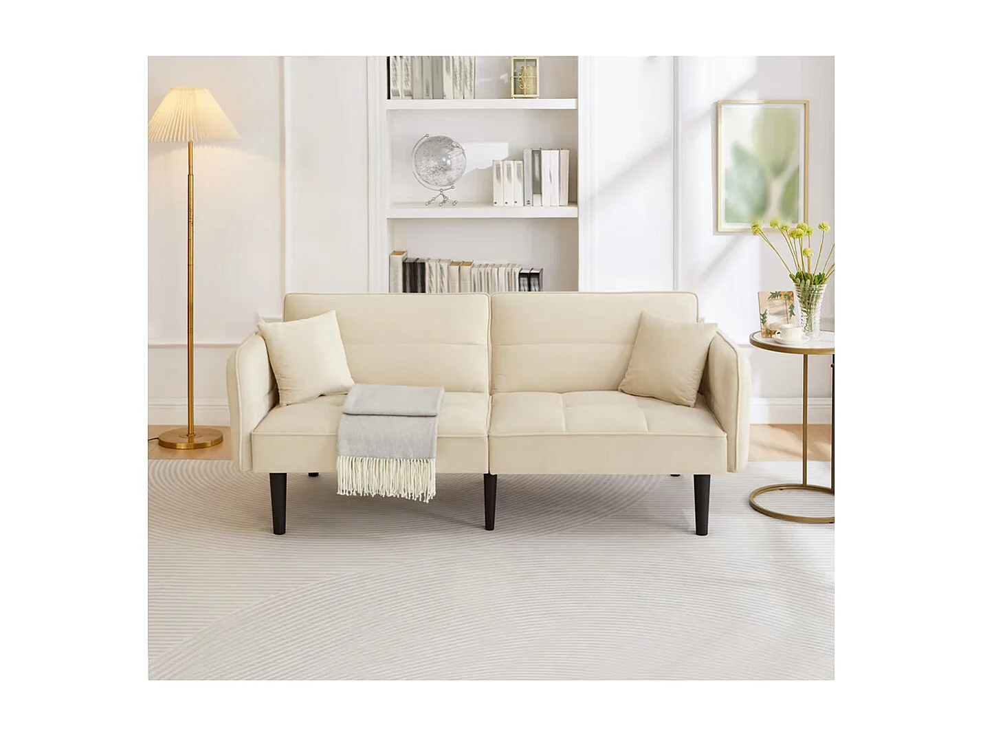 Canapé convertible 2 en 1 réglable 2 places velours beige accoudoirs rabattables et couchage intégré