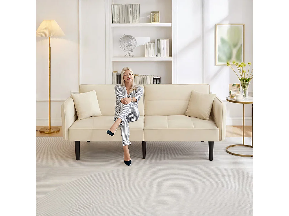 Canapé convertible 2 en 1 réglable 2 places velours beige accoudoirs rabattables et couchage intégré