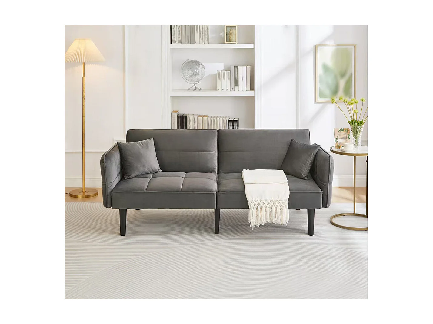 Canapé convertible 2 en 1 réglable 2 places velours gris accoudoirs rabattables et couchage intégré