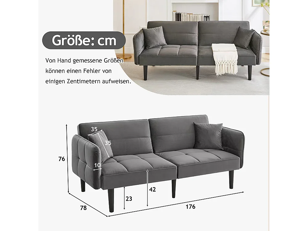 Canapé convertible 2 en 1 réglable 2 places velours gris accoudoirs rabattables et couchage intégré