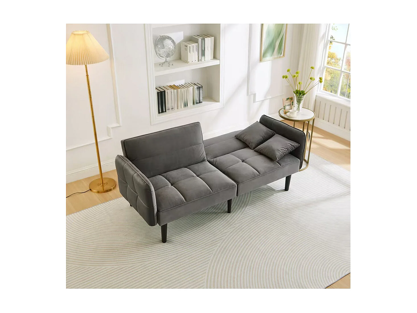 Canapé convertible 2 en 1 réglable 2 places velours gris accoudoirs rabattables et couchage intégré