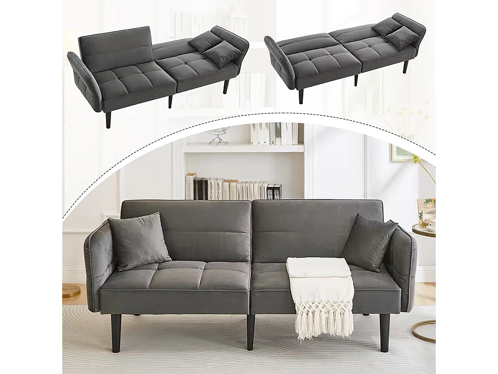 Canapé convertible 2 en 1 réglable 2 places velours gris accoudoirs rabattables et couchage intégré
