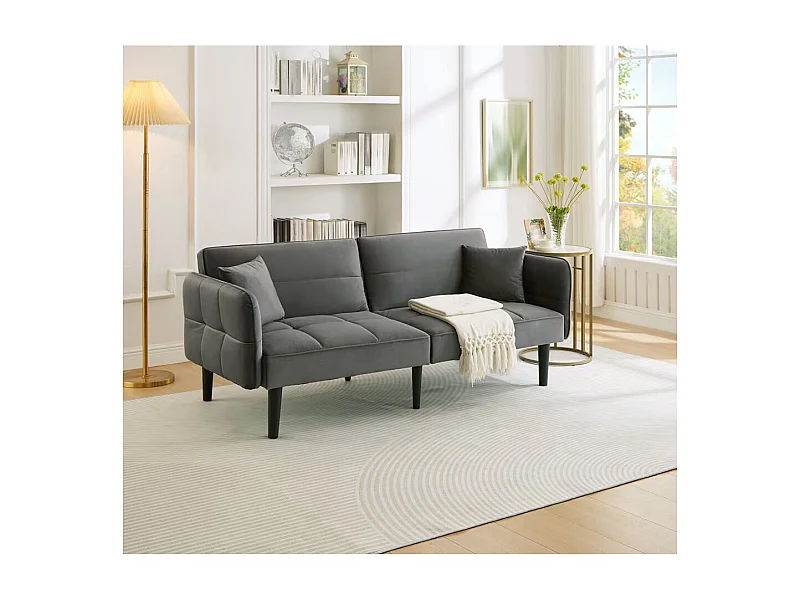 Canapé convertible 2 en 1 réglable 2 places velours gris accoudoirs rabattables et couchage intégré