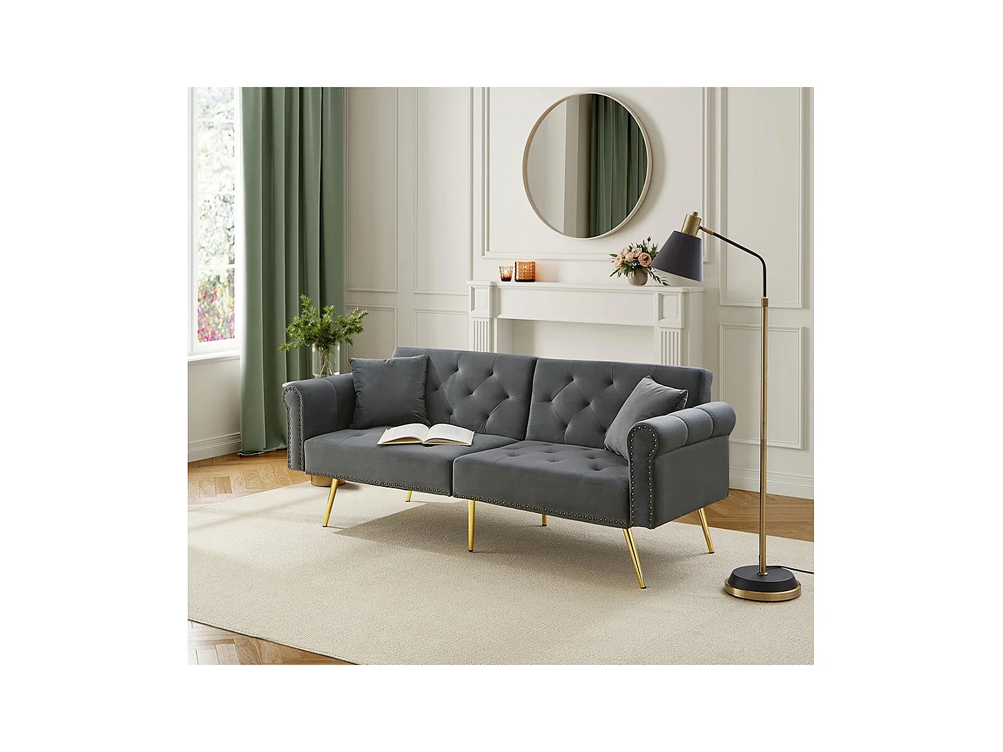 Canapé convertible 2 places moderne en velours gris dossier 3 positions réglable pieds métalliques dorés
