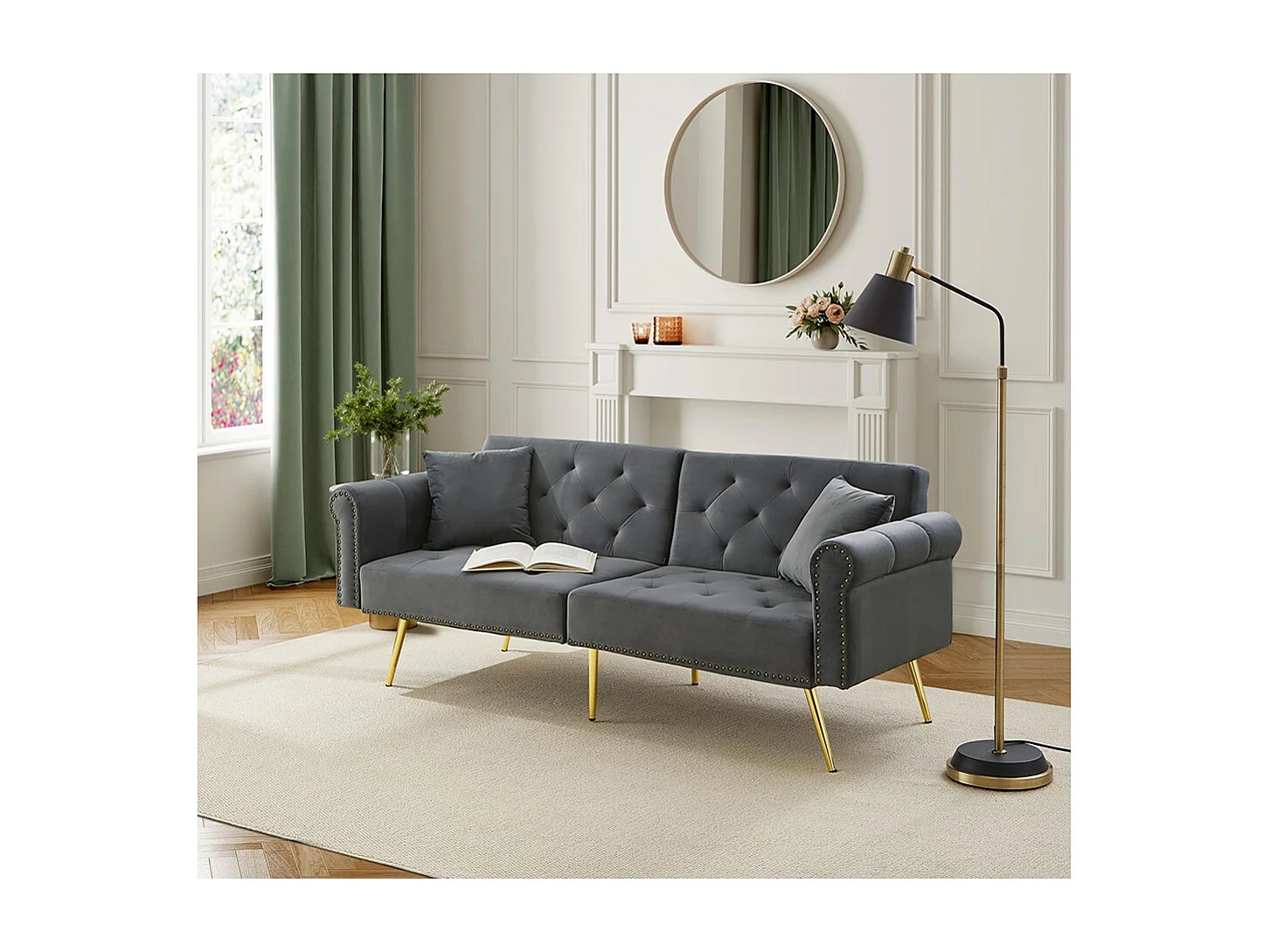 Canapé convertible 2 places moderne en velours gris dossier 3 positions réglable pieds métalliques dorés