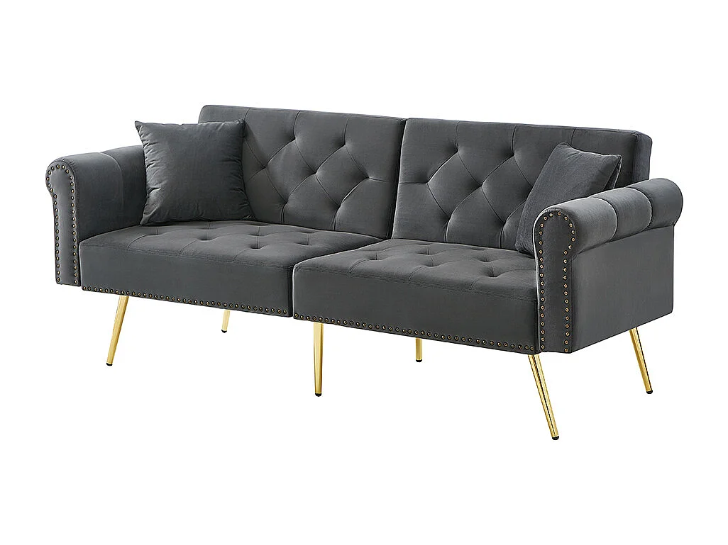 Canapé convertible 2 places moderne en velours gris dossier 3 positions réglable pieds métalliques dorés