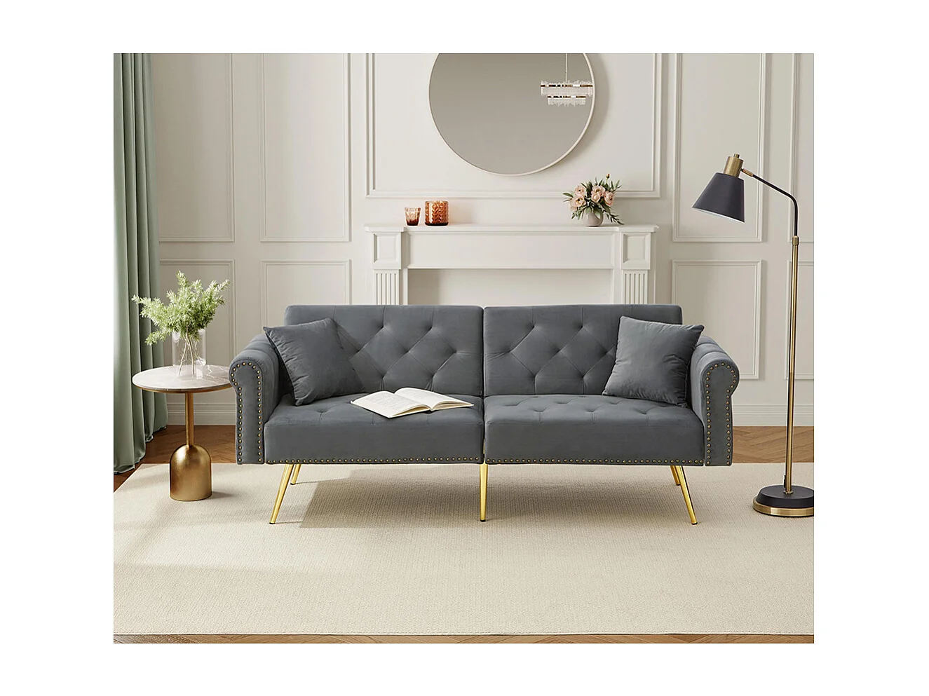 Canapé convertible 2 places moderne en velours gris dossier 3 positions réglable pieds métalliques dorés