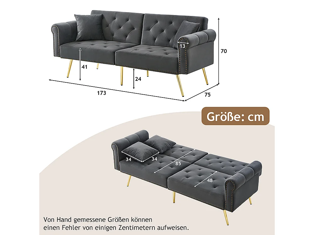 Canapé convertible 2 places moderne en velours gris dossier 3 positions réglable pieds métalliques dorés