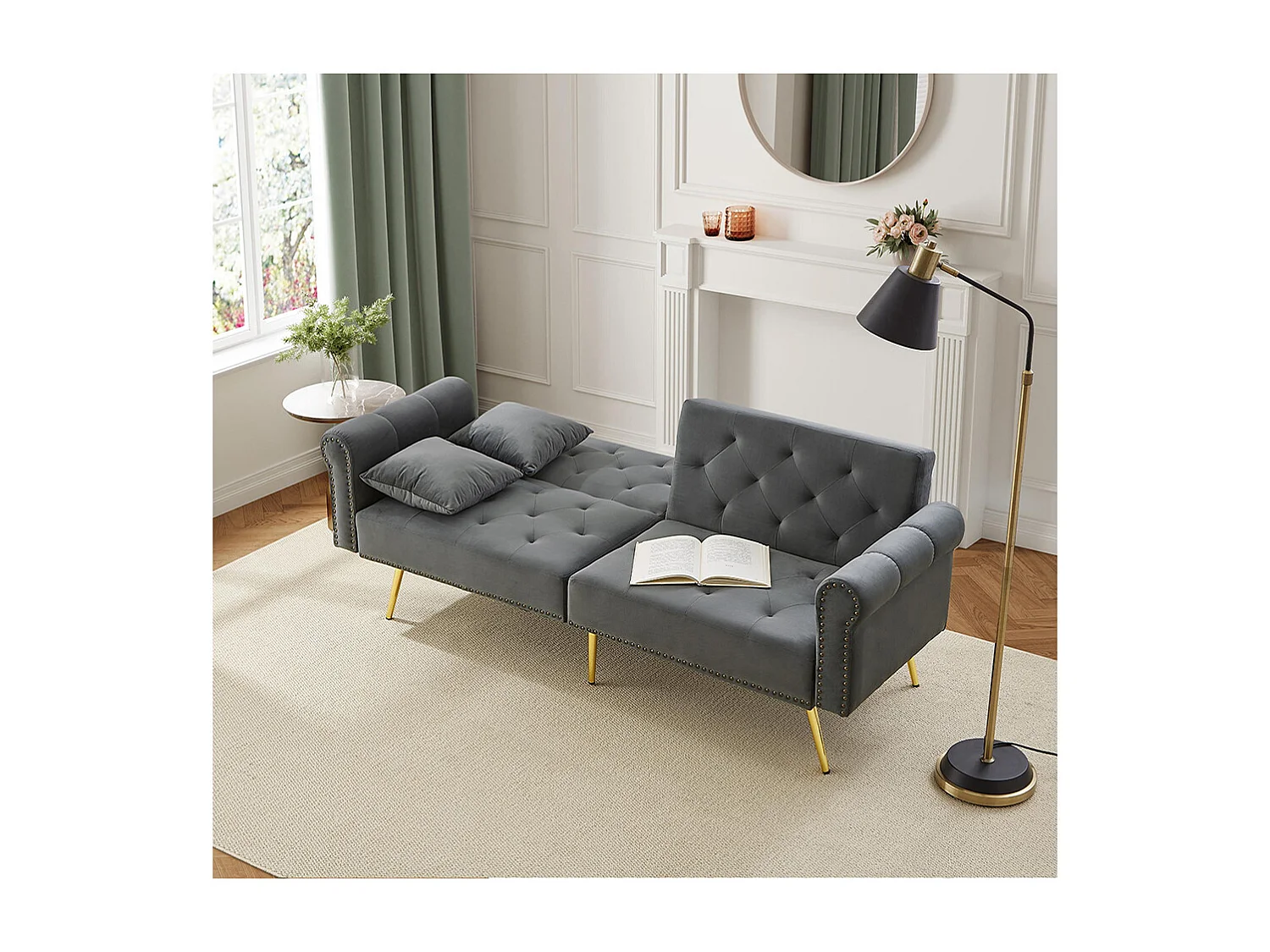 Canapé convertible 2 places moderne en velours gris dossier 3 positions réglable pieds métalliques dorés