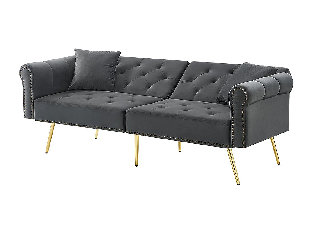 Canapé convertible 2 places moderne en velours gris dossier 3 positions réglable pieds métalliques dorés