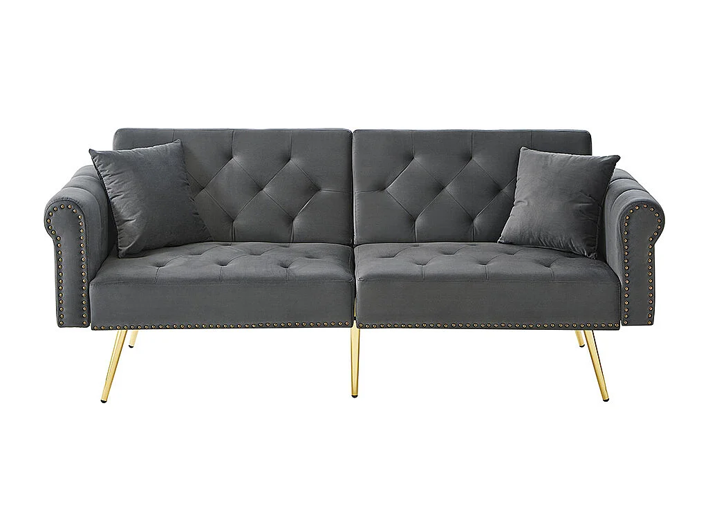Canapé convertible 2 places moderne en velours gris dossier 3 positions réglable pieds métalliques dorés