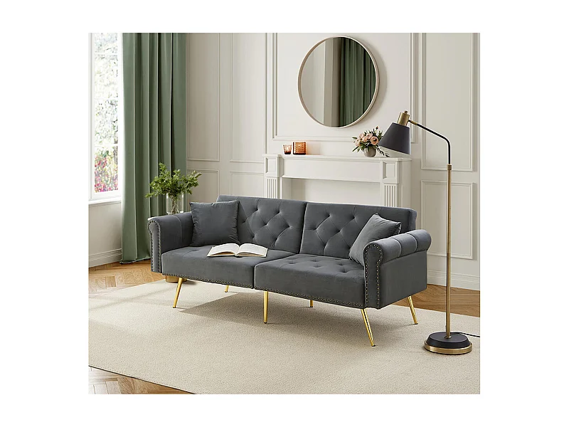 Canapé convertible 2 places moderne en velours gris dossier 3 positions réglable pieds métalliques dorés