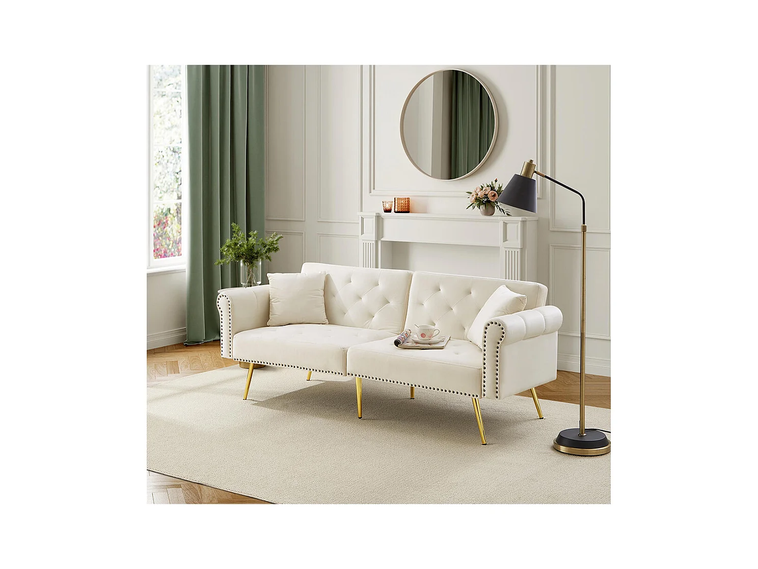 Canapé convertible 2 places moderne en velours beige dossier 3 positions réglable pieds métalliques dorés