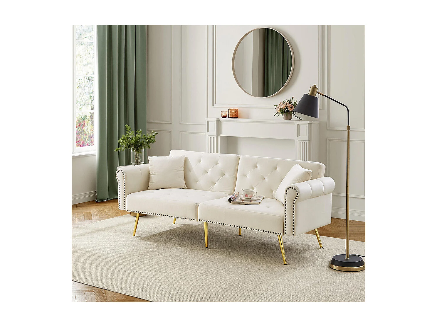 Moderne 2-zits slaapbank in beige fluweel, rugleuning in 3 standen verstelbaar, gouden metalen poten