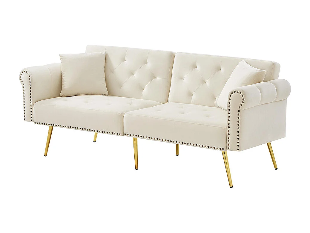 Moderne 2-zits slaapbank in beige fluweel, rugleuning in 3 standen verstelbaar, gouden metalen poten