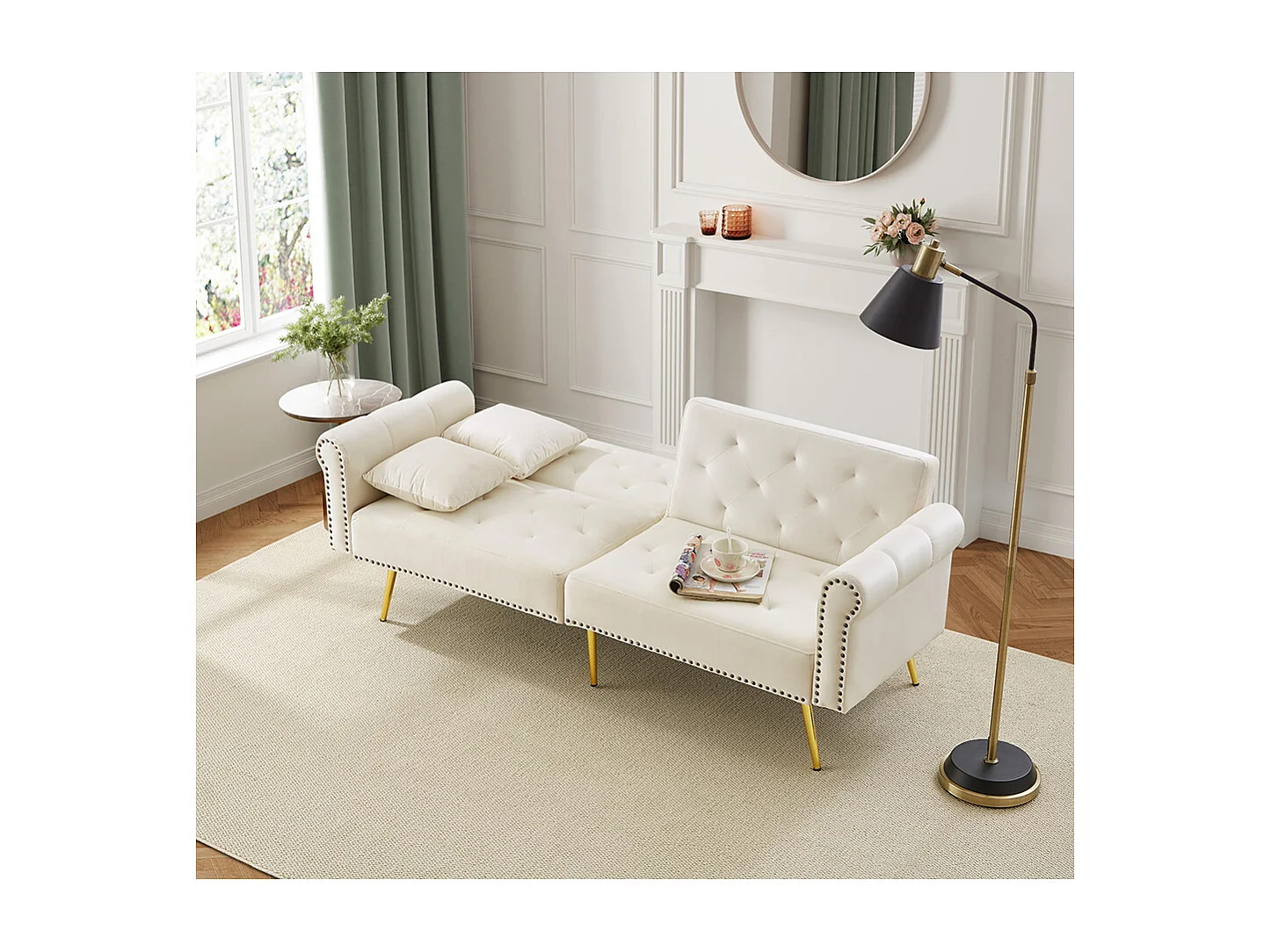 Moderne 2-zits slaapbank in beige fluweel, rugleuning in 3 standen verstelbaar, gouden metalen poten