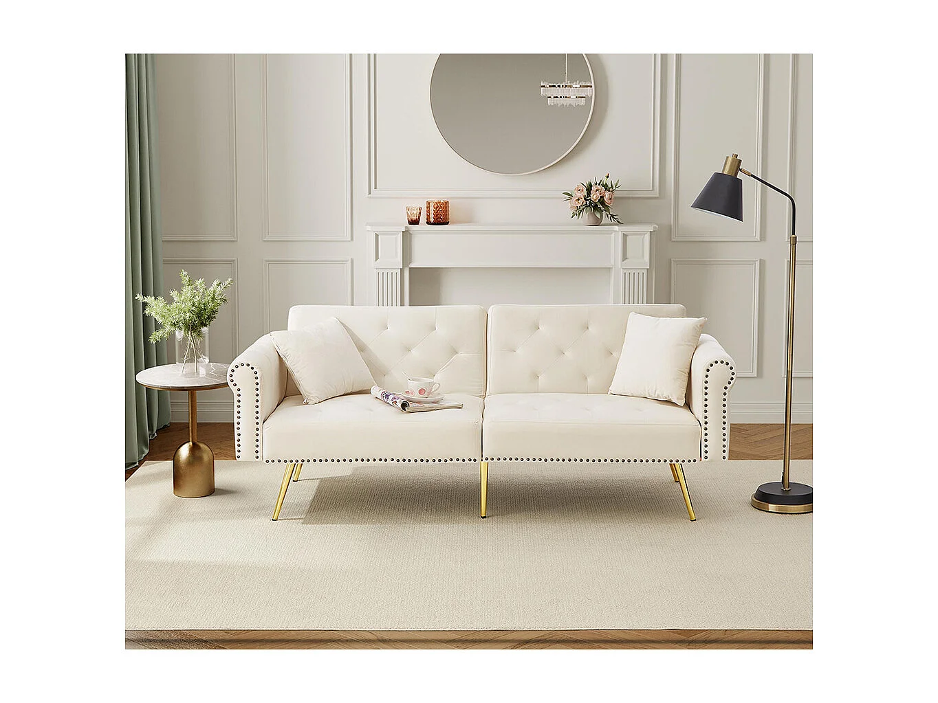 Moderne 2-zits slaapbank in beige fluweel, rugleuning in 3 standen verstelbaar, gouden metalen poten