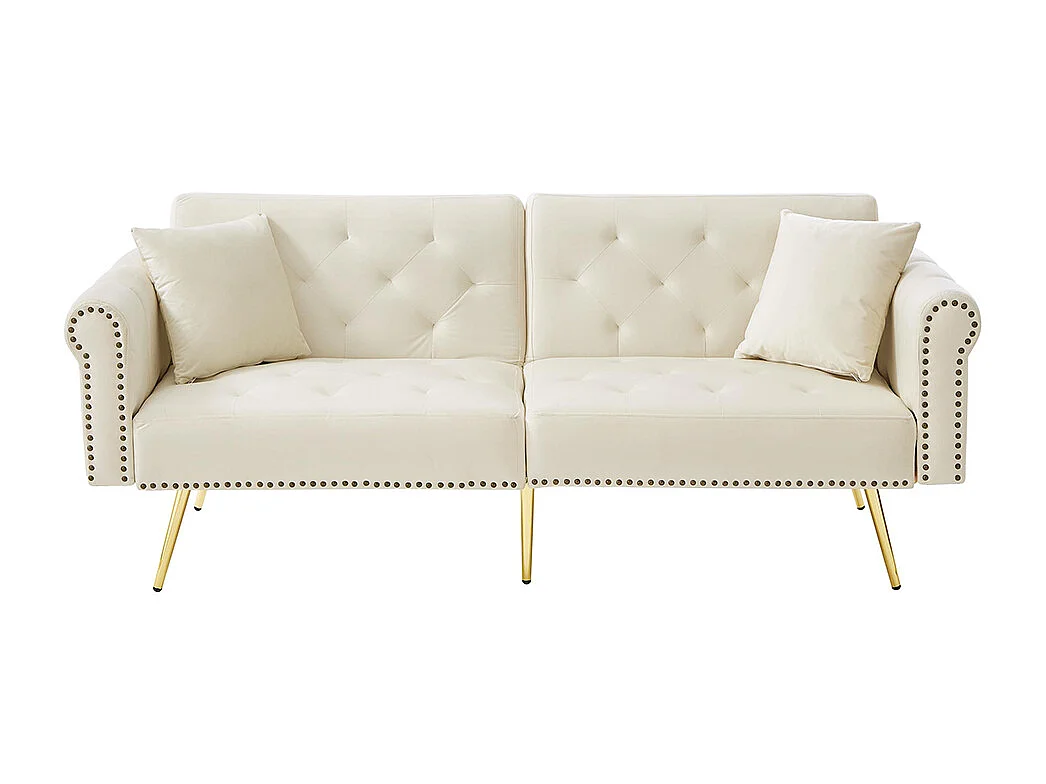 Moderne 2-zits slaapbank in beige fluweel, rugleuning in 3 standen verstelbaar, gouden metalen poten