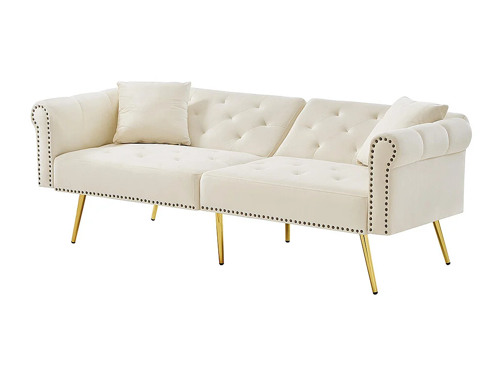 Moderne 2-zits slaapbank in beige fluweel, rugleuning in 3 standen verstelbaar, gouden metalen poten