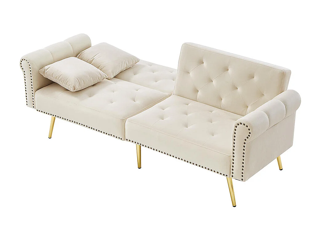 Moderne 2-zits slaapbank in beige fluweel, rugleuning in 3 standen verstelbaar, gouden metalen poten