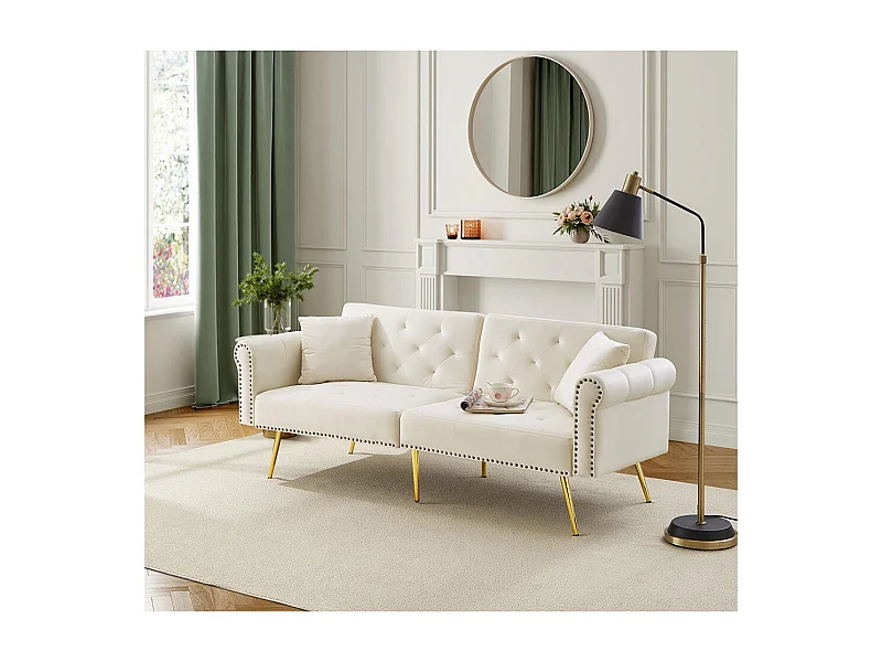 Canapé convertible 2 places moderne en velours beige dossier 3 positions réglable pieds métalliques dorés