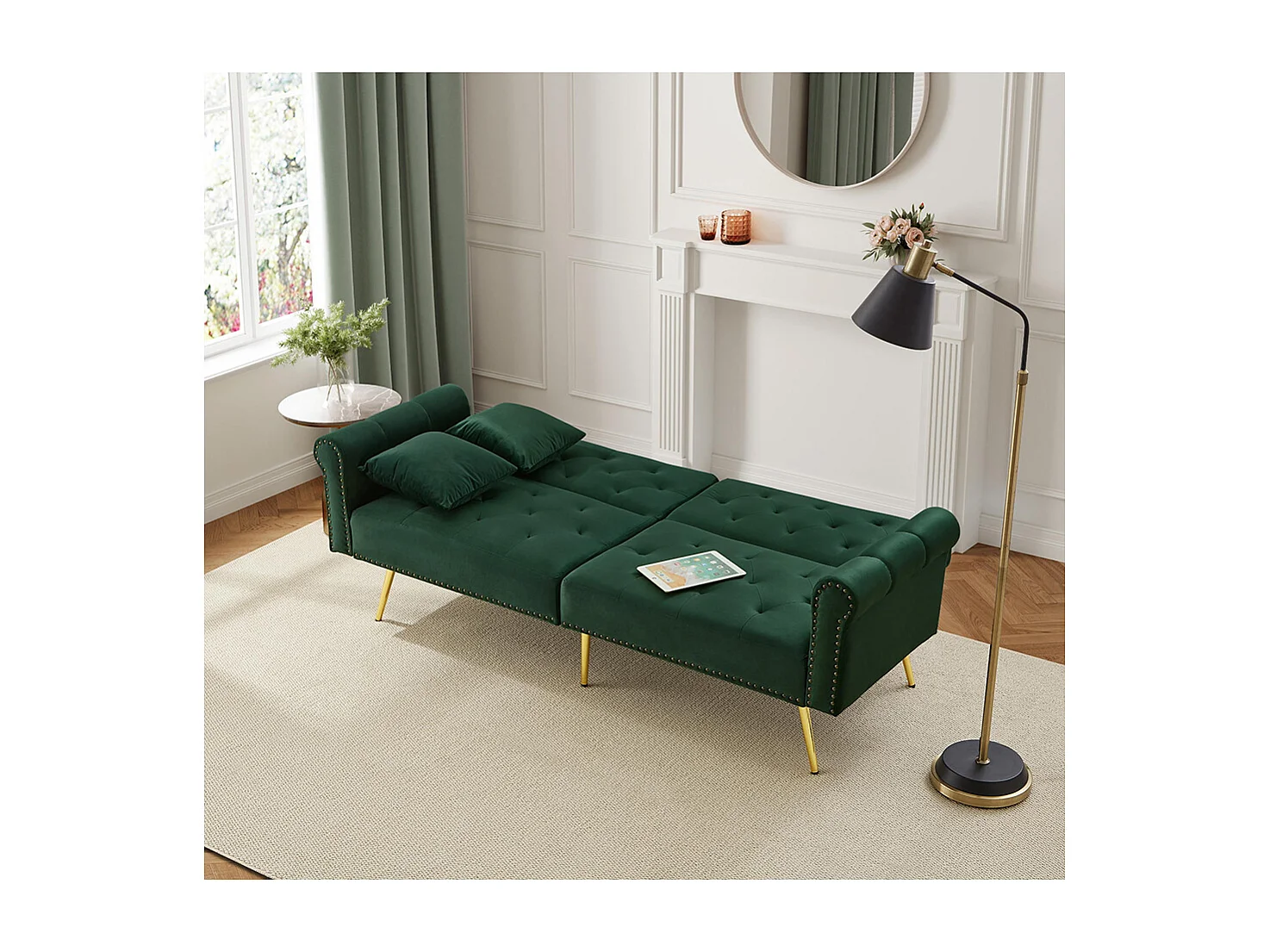 Moderne 2-zits slaapbank in groen fluweel, rugleuning in 3 standen verstelbaar, gouden metalen poten