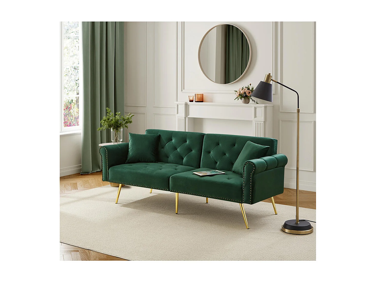 Moderne 2-zits slaapbank in groen fluweel, rugleuning in 3 standen verstelbaar, gouden metalen poten