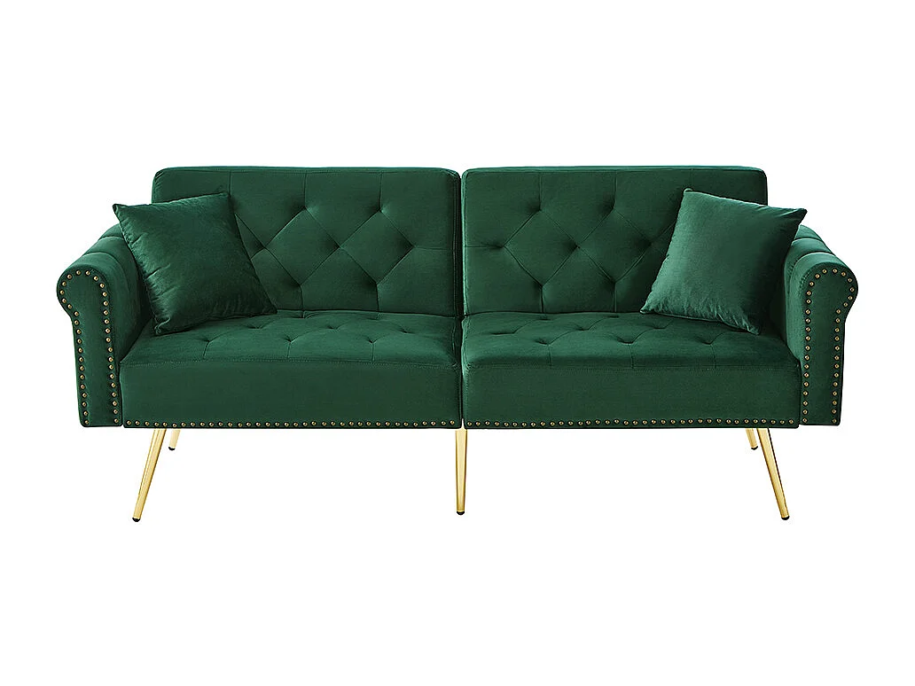 Moderne 2-zits slaapbank in groen fluweel, rugleuning in 3 standen verstelbaar, gouden metalen poten