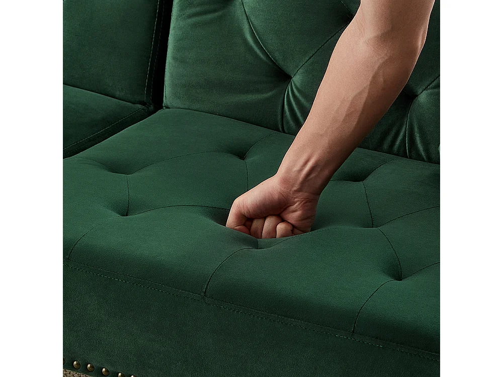 Moderne 2-zits slaapbank in groen fluweel, rugleuning in 3 standen verstelbaar, gouden metalen poten