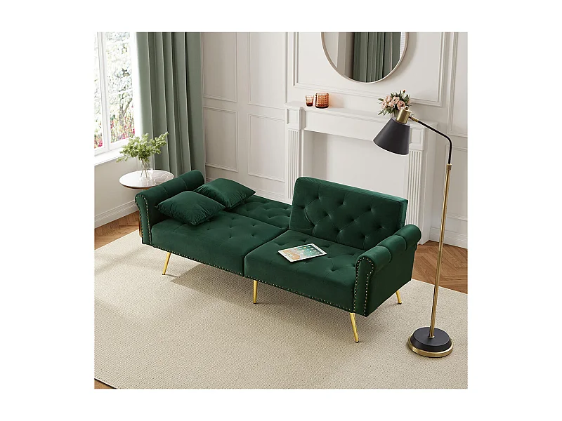 Moderne 2-zits slaapbank in groen fluweel, rugleuning in 3 standen verstelbaar, gouden metalen poten