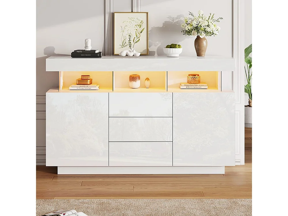 Buffet bar café acrylique blanc brillant LED 16 couleurs Bande lumineuse réglable rangement pratique moderne